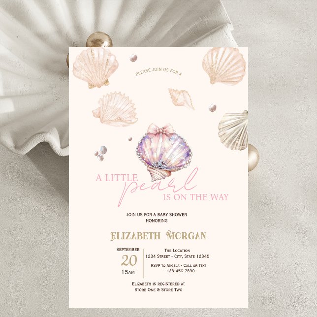 Little Pearl Diamonds Seashells Beige Baby Shower Invitation (Creator Uploaded)