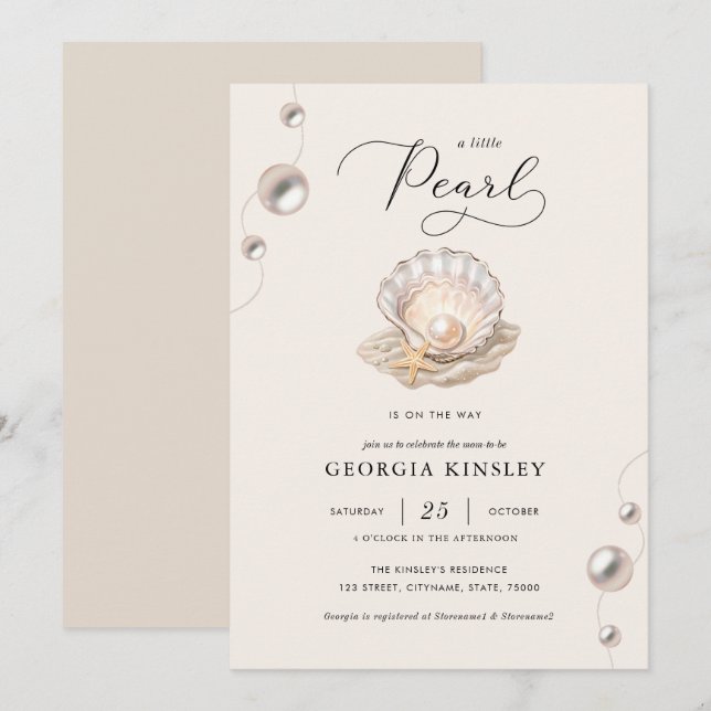 Little Pearl Ocean Beach Seashell Girl Baby Shower Invitation (Front/Back)