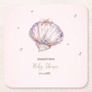Little Pearl Seashells Diamonds Dots Baby Shower Square Paper Coaster
