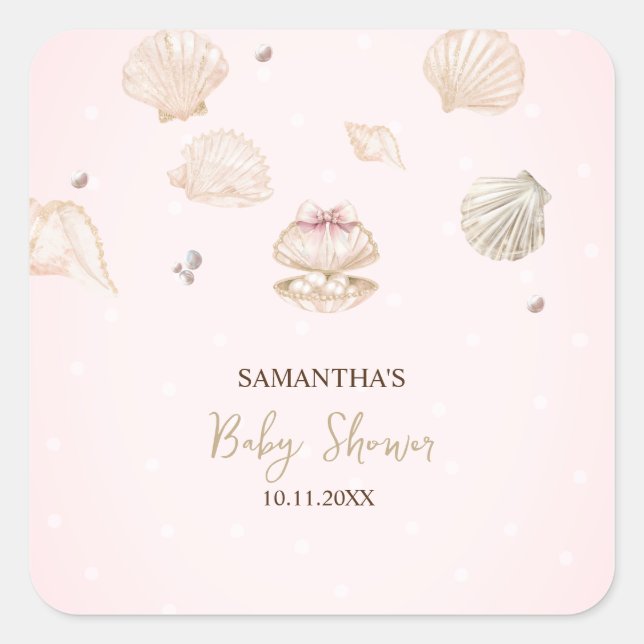 Little Pearl Seashells Dots Baby Shower Square Sticker (Front)