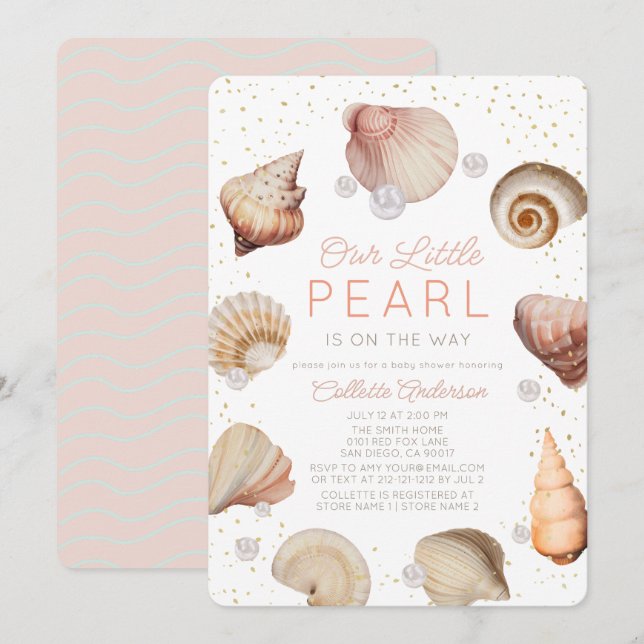 Little Pearl Seashells Pink Girl Baby Shower Invitation (Front/Back)
