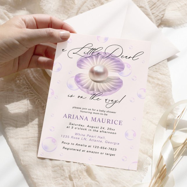  Little Pearl Watercolor Purple Shell Baby Shower Invitation (Creator Uploaded)