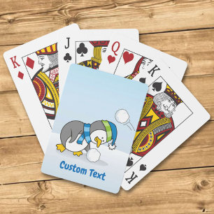 Little penguin getting a snow ball bicycle playing cards