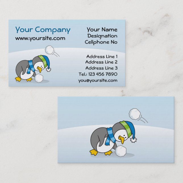 Little penguin getting a snow ball business card (Front/Back)
