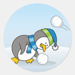 Little penguin getting a snow ball classic round sticker