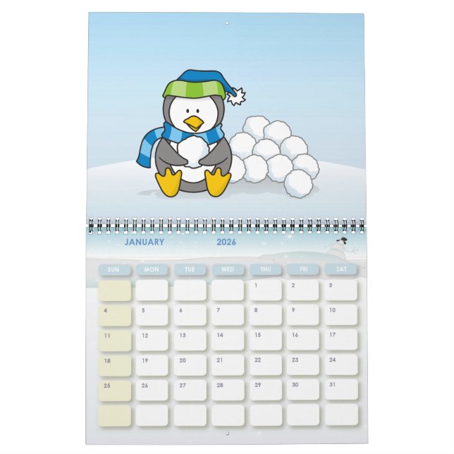 Little penguin sitting with snowballs calendar (Jan 2026)