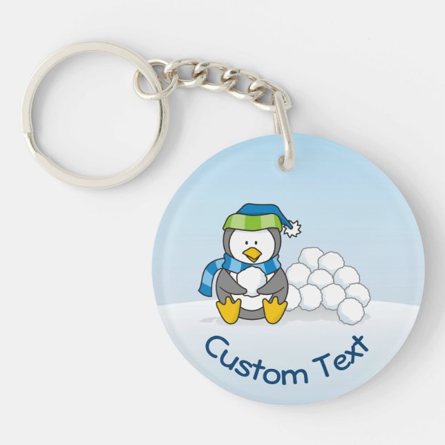 Little Penguin Sitting with Snowballs Keychain (Front)