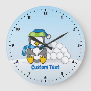 Little penguin sitting with snowballs large clock