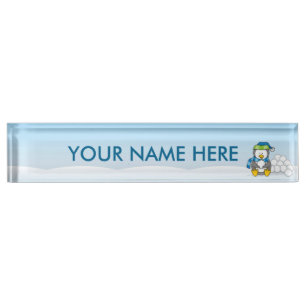 Little penguin sitting with snowballs nameplate