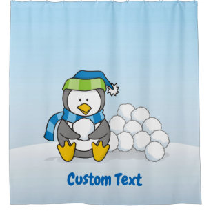 Little penguin sitting with snowballs shower curta curtain