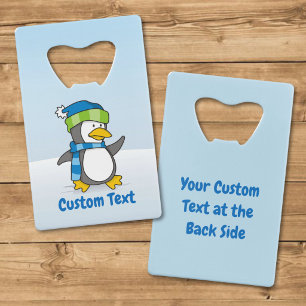 Little penguin walking on snow credit card bottle