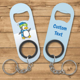 Little penguin walking on snow keychain bottle ope