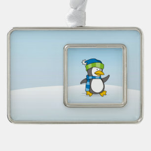 Little penguin walking on snow silver plated framed ornament