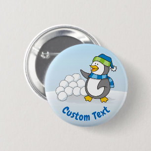Little penguin with snow balls waving 6 cm round badge