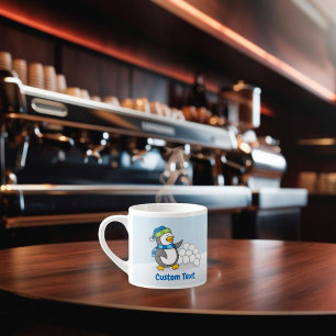 Little penguin with snow balls waving espresso cup
