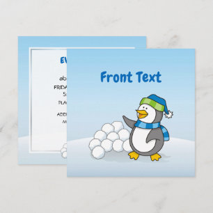 Little penguin with snow balls waving invitation