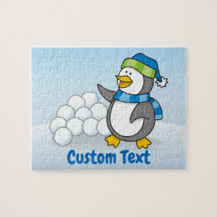 Little penguin with snow balls waving jigsaw puzzle