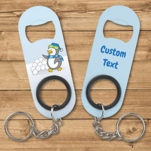 Little penguin with snow balls waving keychain bot