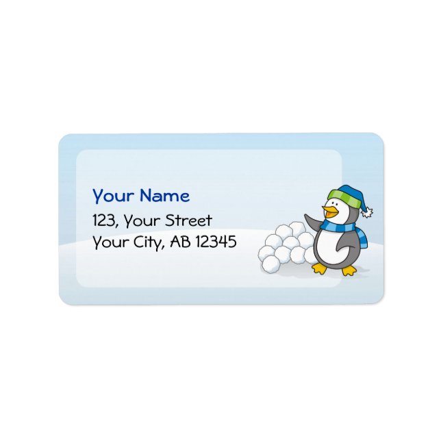 Little penguin with snow balls waving label (Front)
