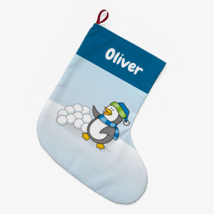 Little Penguin with Snow Balls Waving Large Christmas Stocking