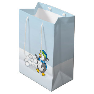 Little penguin with snow balls waving medium gift bag