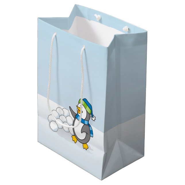 Little penguin with snow balls waving medium gift bag (Front Angled)