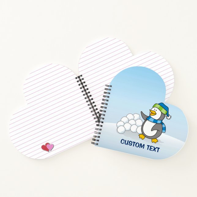 Little penguin with snow balls waving notebook (Inside)