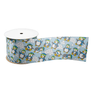 Little penguin with snow balls waving satin ribbon
