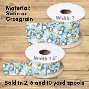 Little penguin with snow balls waving satin ribbon