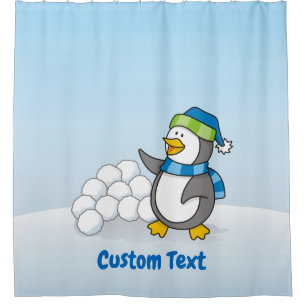 Little penguin with snow balls waving shower curta curtain