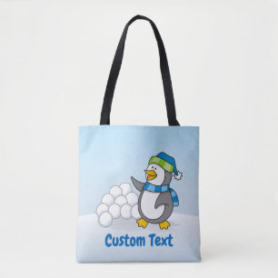 Little penguin with snow balls waving tote bag