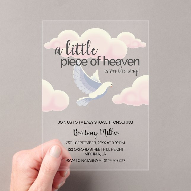 Little Piece of Heaven Clouds Dove Baby Shower Acrylic Invitations (Insitu (Handheld))