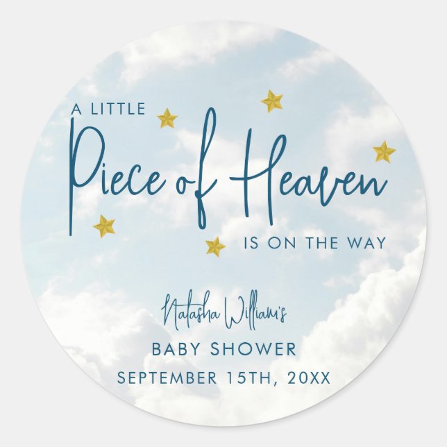 Little Piece of Heaven Sky Blue Baby Shower Classic Round Sticker (Front)