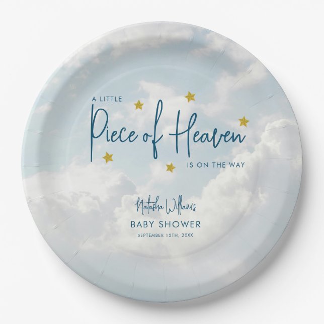 Little Piece of Heaven Sky Blue Baby Shower Paper Plate (Front)