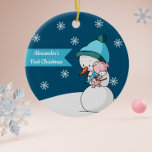 Little Pig and Snowman Hugging First Christmas Ceramic Tree Decoration<br><div class="desc">Adorable first Christmas ornament with an illustration of a snowman and a pig hugging each other. One one side the background is dark blue and you can personalise the text with your own. On the other side, the background is white and there is not text. Illustrated and designed by Patricia...</div>