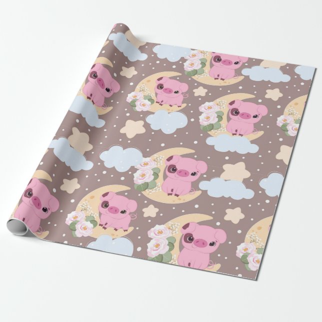 Little Piggy And The Moon Pattern Wrapping Paper (Unrolled)