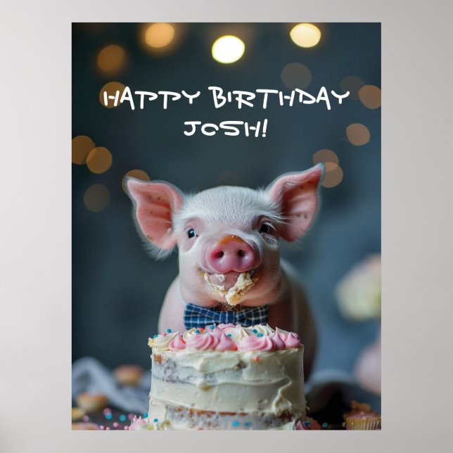 Little piglet munching on a birthday cake poster (Front)