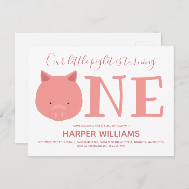 Little Piglet Turning One Animal First Birthday Invitation Postcard (Front/Back)