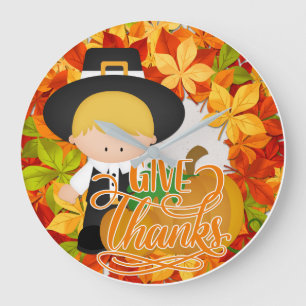 Little Pilgrim Boy - Give Thanks Large Clock