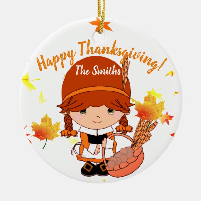 Little Pilgrim Thanksgiving Custom Ceramic Tree Decoration (Front)