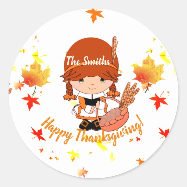 Little Pilgrim Thanksgiving Custom Classic Round Sticker (Front)