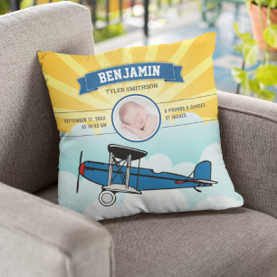 Little Pilot Blue Aeroplane Baby Photo Birth Stats Cushion
