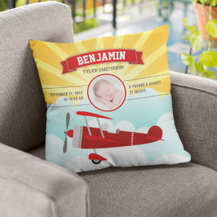 Little Pilot Red Airplane Baby Photo Birth Stats Cushion