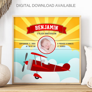 Little Pilot Red Airplane Baby Photo Birth Stats Poster