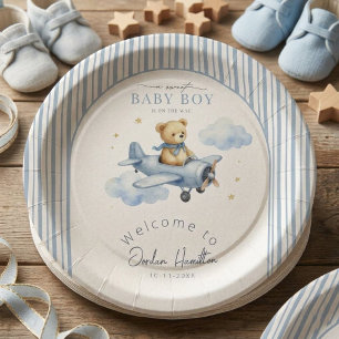 Little Pilot Teddy Bear Baby Boy Shower Paper Plate