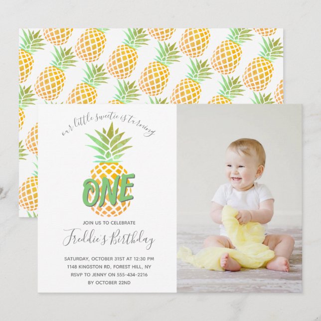Little Pineapple 1st Birthday Photo Invitation (Front/Back)