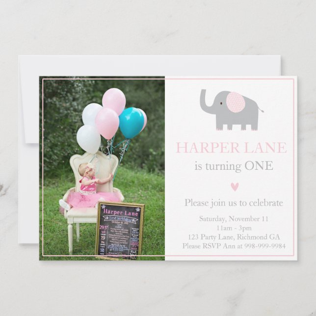 Little Pink and Grey Elephant Birthday Invitation (Front)