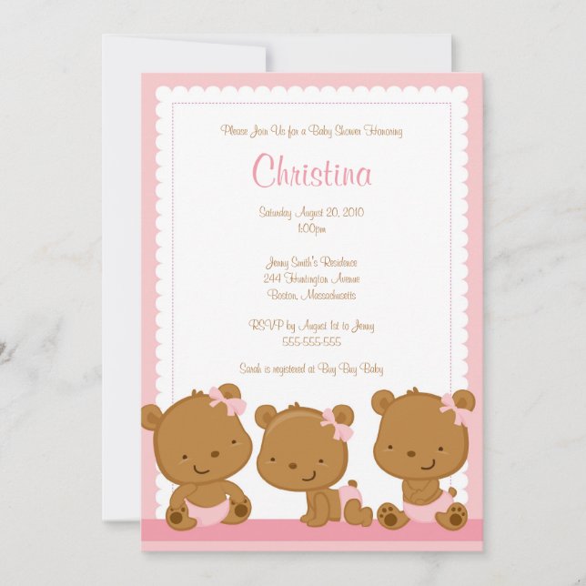 Little Pink Bears GIrl Baby Shower Invitation (Front)