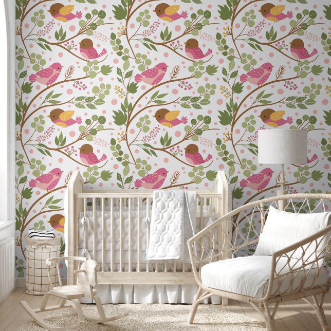 Little Pink Birds on Green Branches Wallpaper (Kids)