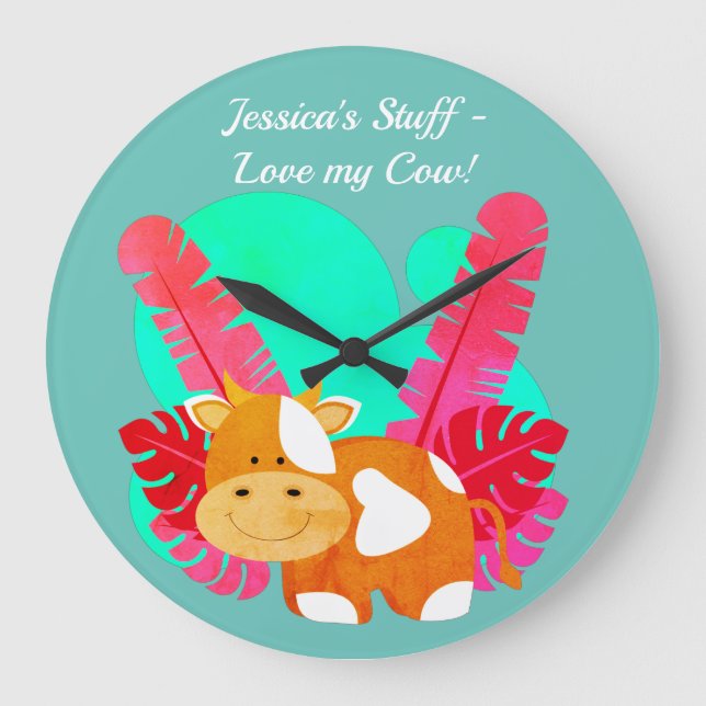 Little pink cow counting time large clock (Front)